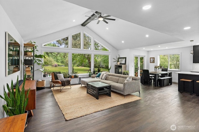 16100 SE 113th Pl, Renton, WA 98059 - living room with dark wood-style floors, recessed lighting, high vaulted ceiling, ceiling fan, and beamed ceiling
