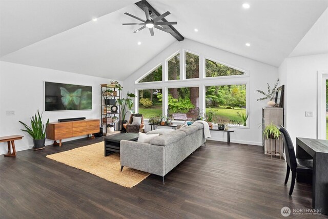 16100 SE 113th Pl, Renton, WA 98059 - living area with recessed lighting, wood finished floors, a ceiling fan, high vaulted ceiling, and baseboards