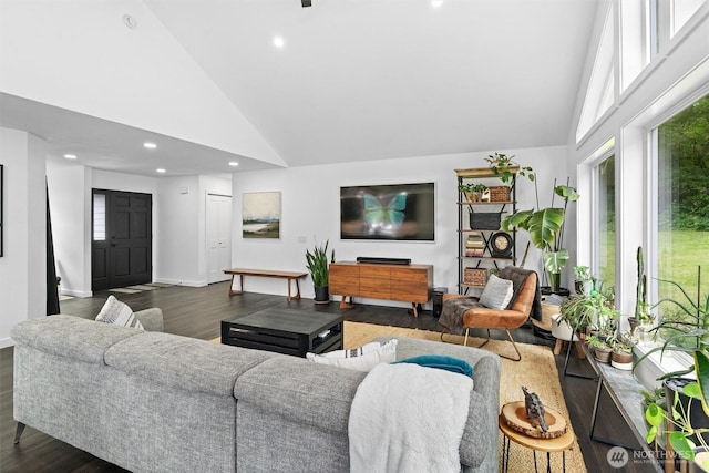 16100 SE 113th Pl, Renton, WA 98059 - living room featuring high vaulted ceiling, dark wood-style flooring, recessed lighting, and baseboards