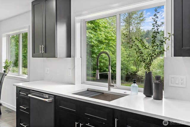 16100 SE 113th Pl, Renton, WA 98059 - kitchen featuring dishwasher, a sink, light countertops, and dark cabinets