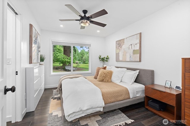 16100 SE 113th Pl, Renton, WA 98059 - bedroom with dark wood finished floors, recessed lighting, a ceiling fan, and baseboards