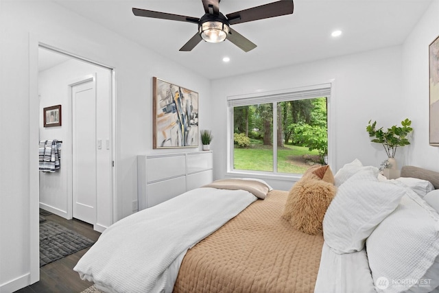 16100 SE 113th Pl, Renton, WA 98059 - bedroom featuring dark wood-style floors, recessed lighting, ceiling fan, and baseboards