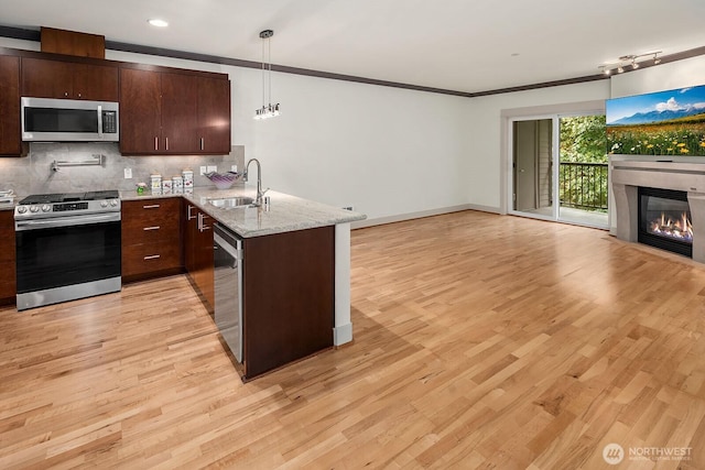 18609 SE Newport Way Unit 408, Issaquah, WA 98027 - kitchen featuring stainless steel appliances, a sink, crown molding, open floor plan, and dark brown cabinetry