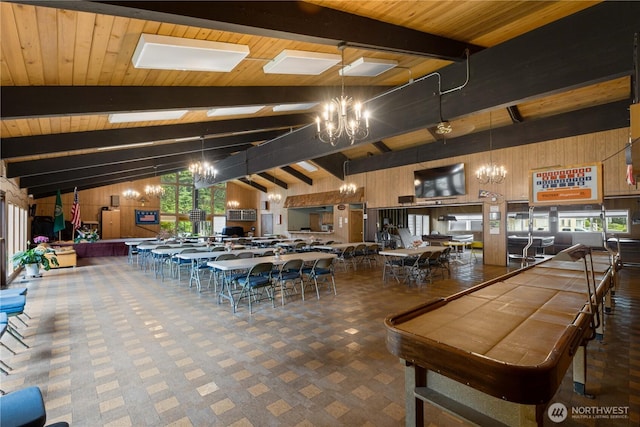 11216 127th St E Unit 19, Puyallup, WA 98374 - misc room featuring a chandelier, wooden walls, billiards, and wood ceiling