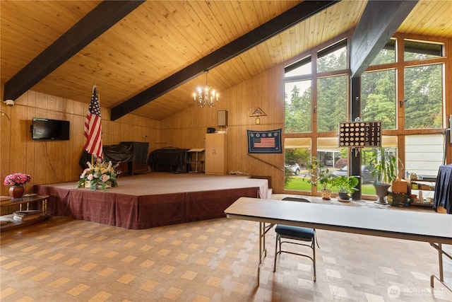 11216 127th St E Unit 19, Puyallup, WA 98374 - recreation room featuring wood walls, wooden ceiling with exposed beams, a chandelier, high vaulted ceiling, and carpet flooring