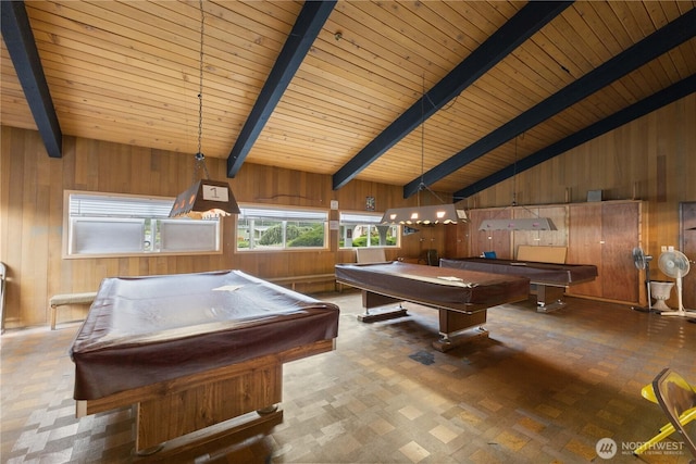 11216 127th St E Unit 19, Puyallup, WA 98374 - rec room with pool table, wood walls, wood ceiling with exposed beams, and high vaulted ceiling