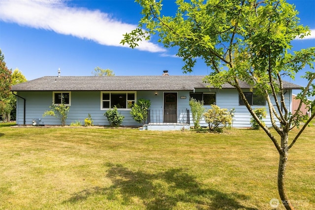 1119 Sunset Ave, Bellingham, WA 98226 - ranch-style house featuring a front yard, a shingled roof, and a chimney