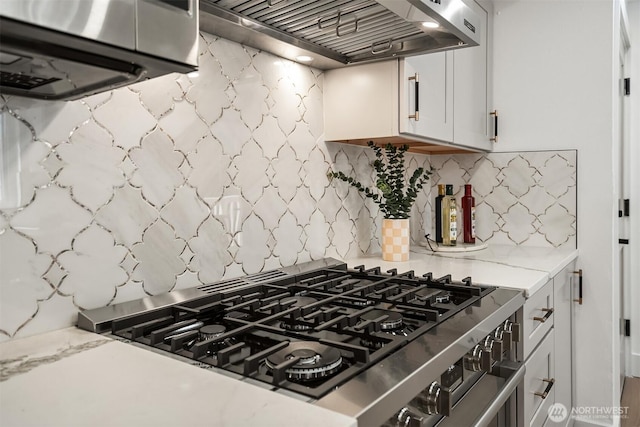6202 122nd Ave SE, Bellevue, WA 98006 - kitchen with stainless steel appliances, wall chimney exhaust hood, tasteful backsplash, and white cabinetry