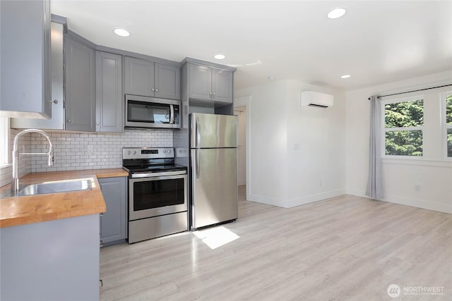 2730-2734 Nevada St, Bellingham, WA 98226 - kitchen with stainless steel appliances, wood counters, gray cabinets, a sink, and a wall unit AC