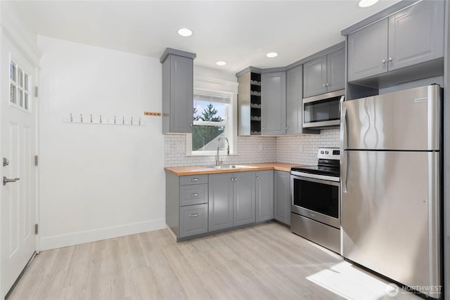 2730-2734 Nevada St, Bellingham, WA 98226 - kitchen featuring stainless steel appliances, gray cabinets, wooden counters, a sink, and light wood-style flooring