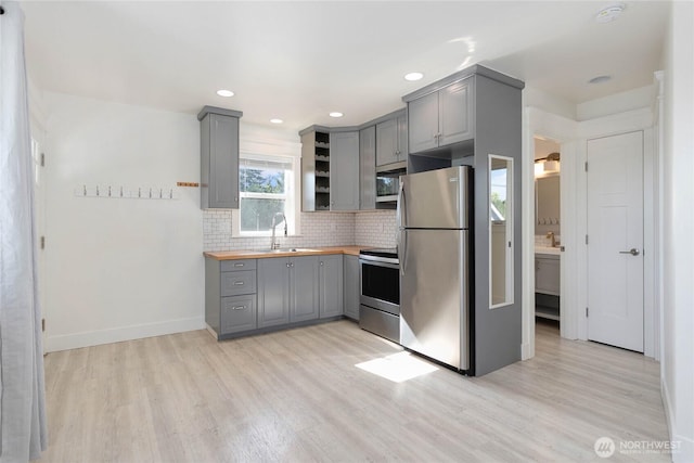 2730-2734 Nevada St, Bellingham, WA 98226 - kitchen with gray cabinetry, appliances with stainless steel finishes, butcher block countertops, a sink, and recessed lighting