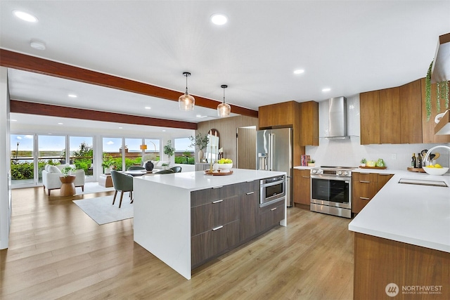 5942 Beverly Ave NE, Tacoma, WA 98422 - kitchen featuring appliances with stainless steel finishes, wall chimney exhaust hood, a sink, modern cabinets, and light countertops