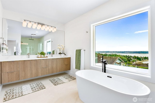 5942 Beverly Ave NE, Tacoma, WA 98422 - full bathroom with double vanity, a freestanding tub, a shower, and a water view