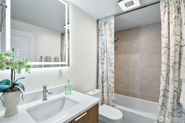 5942 Beverly Ave NE, Tacoma, WA 98422 - bathroom featuring vanity, toilet, and shower / tub combo with curtain