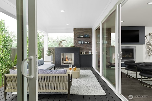 12208 SE 254th Pl, Kent, WA 98030 - wooden terrace with an outdoor living space with a fireplace
