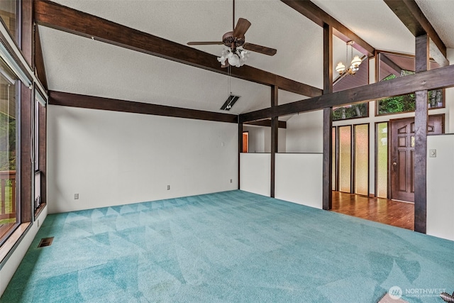 1086 W State Route 4, Skamokawa, WA 98647 - carpeted spare room featuring beam ceiling, ceiling fan, and high vaulted ceiling