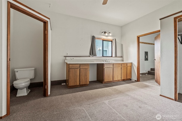 1086 W State Route 4, Skamokawa, WA 98647 - bathroom featuring carpet, vanity, electric panel, and a ceiling fan