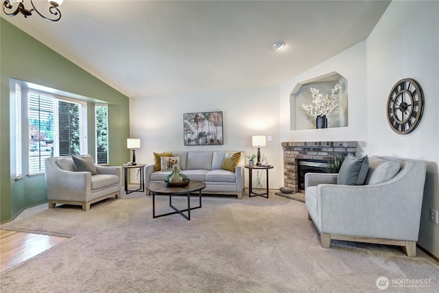19226 12th Avenue Ct E, Spanaway, WA 98387 - living area with carpet flooring, lofted ceiling, a fireplace, and a chandelier