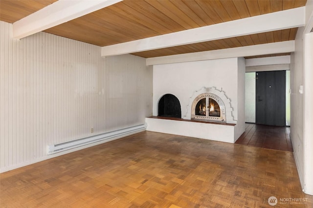 7633 NE 123rd St, Kirkland, WA 98034 - unfurnished living room featuring baseboard heating, a lit fireplace, and a wood ceiling with exposed beams