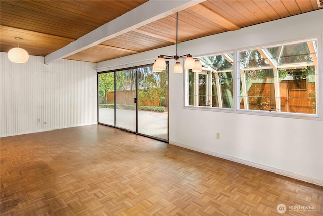 7633 NE 123rd St, Kirkland, WA 98034 - spare room with baseboards and a wood ceiling with exposed beams