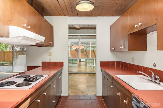 7633 NE 123rd St, Kirkland, WA 98034 - kitchen featuring white electric cooktop, extractor fan, dark tile patterned floors, dishwasher, and wood ceiling
