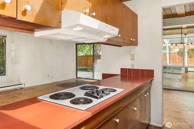 7633 NE 123rd St, Kirkland, WA 98034 - kitchen with under cabinet range hood, white electric cooktop, wood finished floors, a baseboard radiator, and brown cabinets