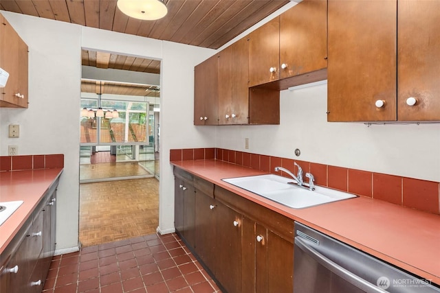 7633 NE 123rd St, Kirkland, WA 98034 - kitchen with stainless steel dishwasher, wooden ceiling, and light countertops