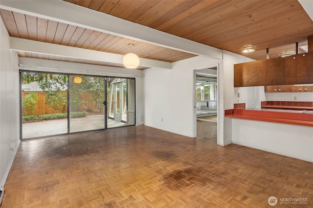 7633 NE 123rd St, Kirkland, WA 98034 - unfurnished living room with a wood ceiling with exposed beams