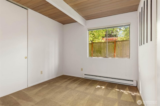 7633 NE 123rd St, Kirkland, WA 98034 - spare room with a baseboard radiator, carpet floors, and a wood ceiling with exposed beams