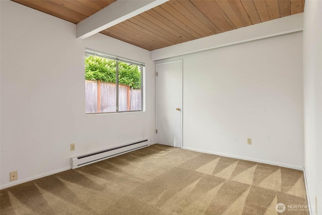 7633 NE 123rd St, Kirkland, WA 98034 - empty room featuring a baseboard heating unit, a wooden ceiling with exposed beams, and carpet flooring