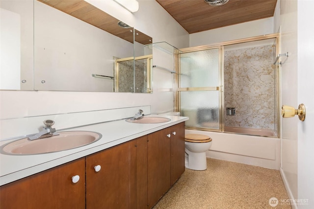 7633 NE 123rd St, Kirkland, WA 98034 - full bath featuring double vanity, bath / shower combo with glass door, and wood ceiling