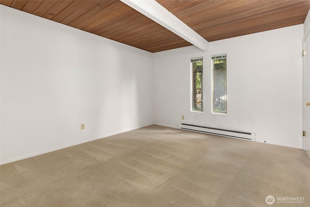 7633 NE 123rd St, Kirkland, WA 98034 - unfurnished room with a baseboard radiator, carpet floors, and a wooden ceiling with exposed beams