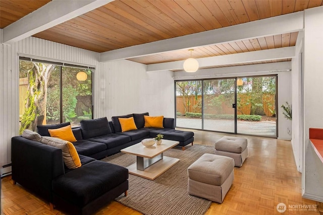7633 NE 123rd St, Kirkland, WA 98034 - living room with plenty of natural light, a wood ceiling with exposed beams, and baseboard heating