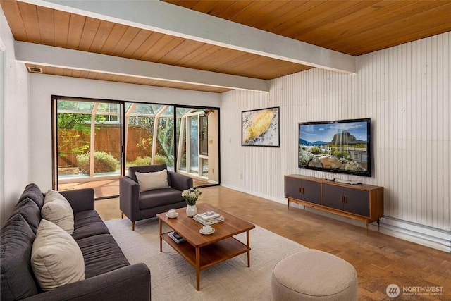 7633 NE 123rd St, Kirkland, WA 98034 - living room featuring a wood ceiling with exposed beams and baseboards