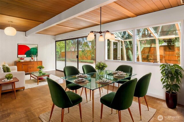 7633 NE 123rd St, Kirkland, WA 98034 - dining space with a wood ceiling with exposed beams and baseboards