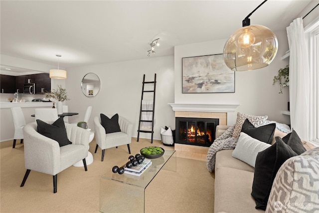 1400 Taylor Ave N Unit 203, Seattle, WA 98109 - living area with a tiled fireplace and light carpet