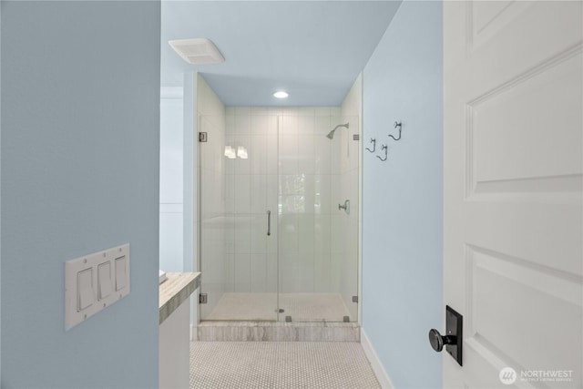 33 N Glen Ln, Pacific Beach, WA 98571 - full bath featuring a shower stall, vanity, tile patterned flooring, and recessed lighting