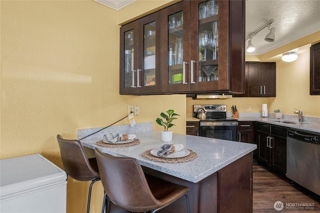 23410 18th Ave S Unit A102, Des Moines, WA 98198 - kitchen with appliances with stainless steel finishes, a sink, dark brown cabinetry, glass insert cabinets, and light stone countertops