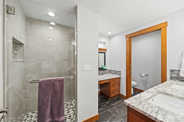 8210 Walnut Rd NE, Olympia, WA 98516 - full bath with marble look tile flooring, double vanity, toilet, a shower stall, and recessed lighting