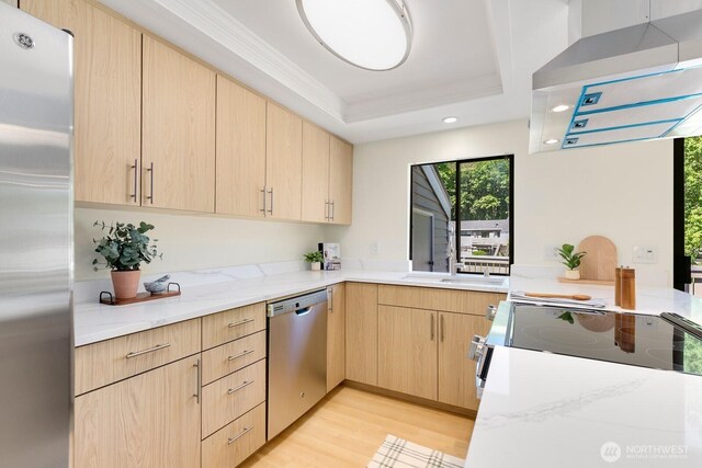 9930 NE 144th Ln Unit 206, Kirkland, WA 98034 - kitchen with appliances with stainless steel finishes, light brown cabinets, range hood, light wood finished floors, and a tray ceiling