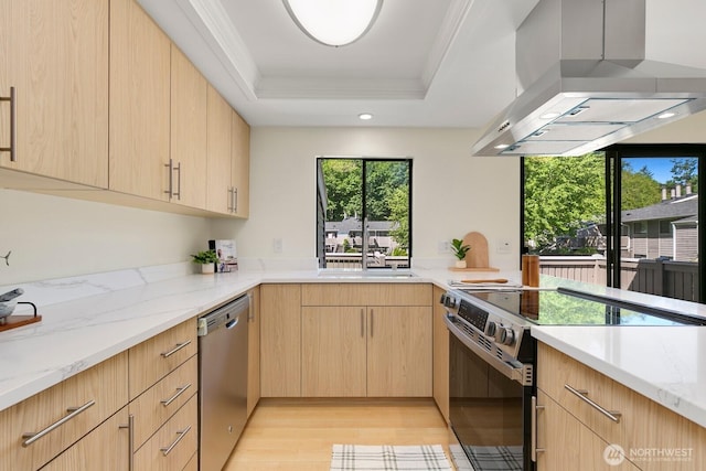 9930 NE 144th Ln Unit 206, Kirkland, WA 98034 - kitchen featuring exhaust hood, electric stove, light brown cabinetry, dishwasher, and light wood finished floors