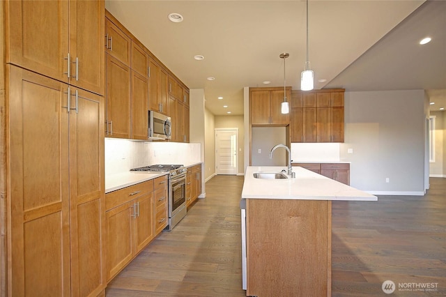 161 N Camano Ridge Rd, Camano Island, WA 98282 - kitchen with stainless steel appliances, a sink, baseboards, dark wood-type flooring, and recessed lighting
