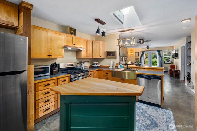 3376 New Hope Cir, Bremerton, WA 98312 - kitchen featuring butcher block countertops, stainless steel appliances, a skylight, a sink, and a peninsula