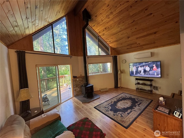 22337 Bluewater Dr SE, Yelm, WA 98597 - living area featuring wooden ceiling, a wood stove, wood finished floors, high vaulted ceiling, and a wall mounted AC