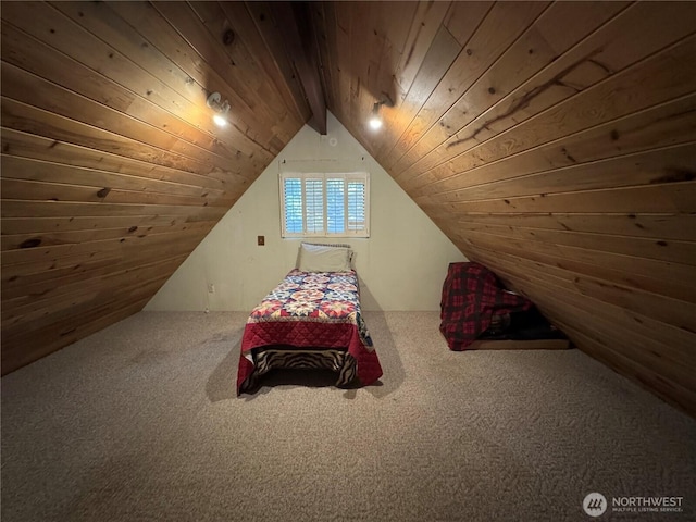 22337 Bluewater Dr SE, Yelm, WA 98597 - bedroom with wooden ceiling, carpet flooring, and vaulted ceiling