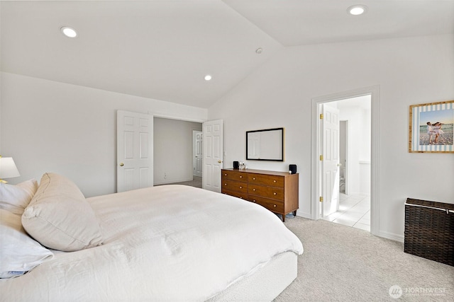 30101 129th Pl SE, Auburn, WA 98092 - bedroom featuring lofted ceiling, light colored carpet, baseboards, recessed lighting, and connected bathroom