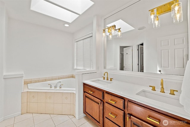 30101 129th Pl SE, Auburn, WA 98092 - full bathroom featuring a skylight, tile patterned flooring, a bath, double vanity, and recessed lighting