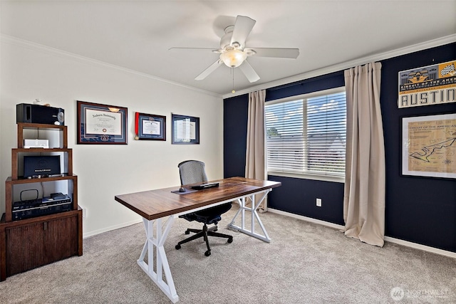30101 129th Pl SE, Auburn, WA 98092 - carpeted home office with crown molding, a ceiling fan, and baseboards