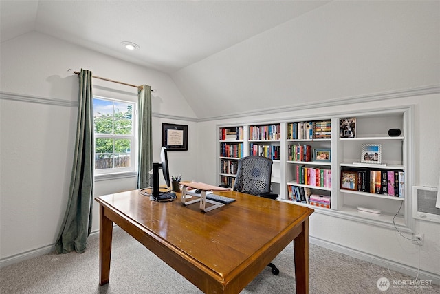 30101 129th Pl SE, Auburn, WA 98092 - carpeted home office featuring vaulted ceiling, baseboards, and built in features