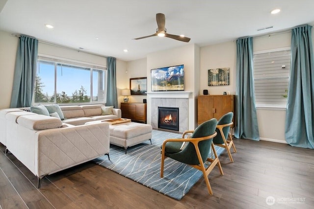 1134 Baker Heights Loop, Bremerton, WA 98312 - living area featuring a ceiling fan, a fireplace, dark wood finished floors, recessed lighting, and baseboards